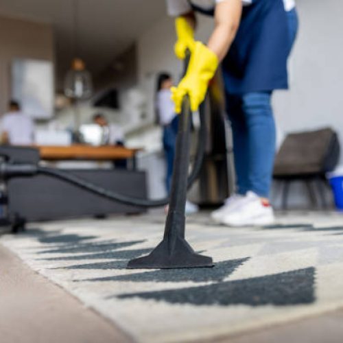 Close-up on a professional cleaner vacuuming a carpet while working at an apartment - housework concepts